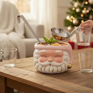 8 Oak Lane Home Decor Pink Christmas Santa Punch Bowl & Ladle 9.5" x 9.5" x 6"